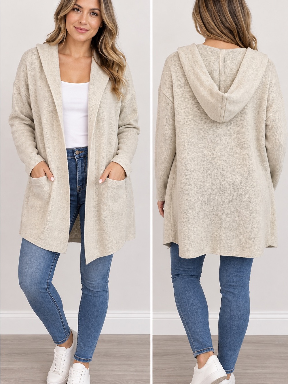 refuge Beige Hooded Open-Front Cardigan